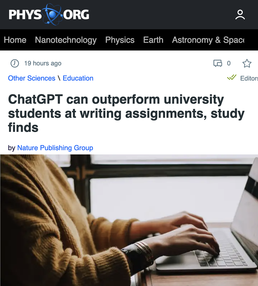 Phys.org coverage: ChatGPT outperforms university students in assignments